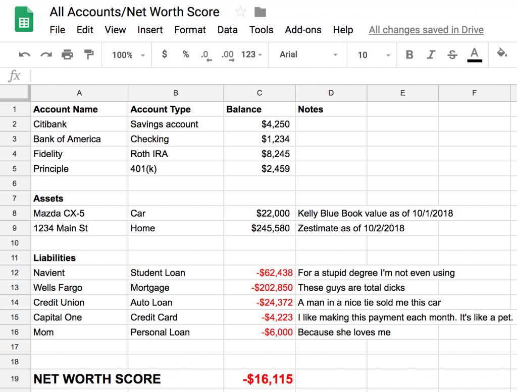 How to calculate net worth spreadsheet