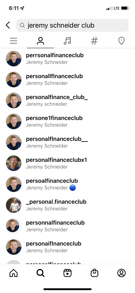 Instagram screenshot showing many accounts impersonating Personal Finance Club
