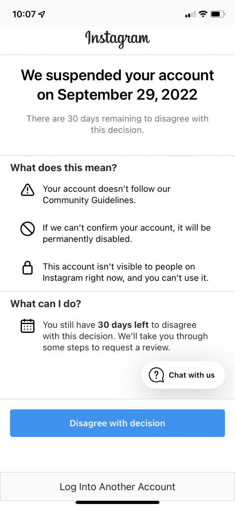 Instagram Screenshot showing account suspended